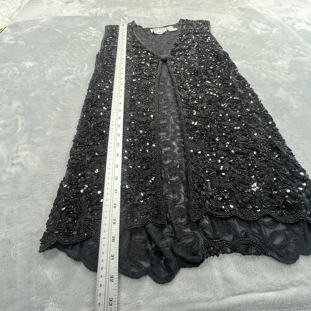 Vintage Oleg Cassini Beaded Sequined Silk Open Front Vest S Black NYE Event 90s